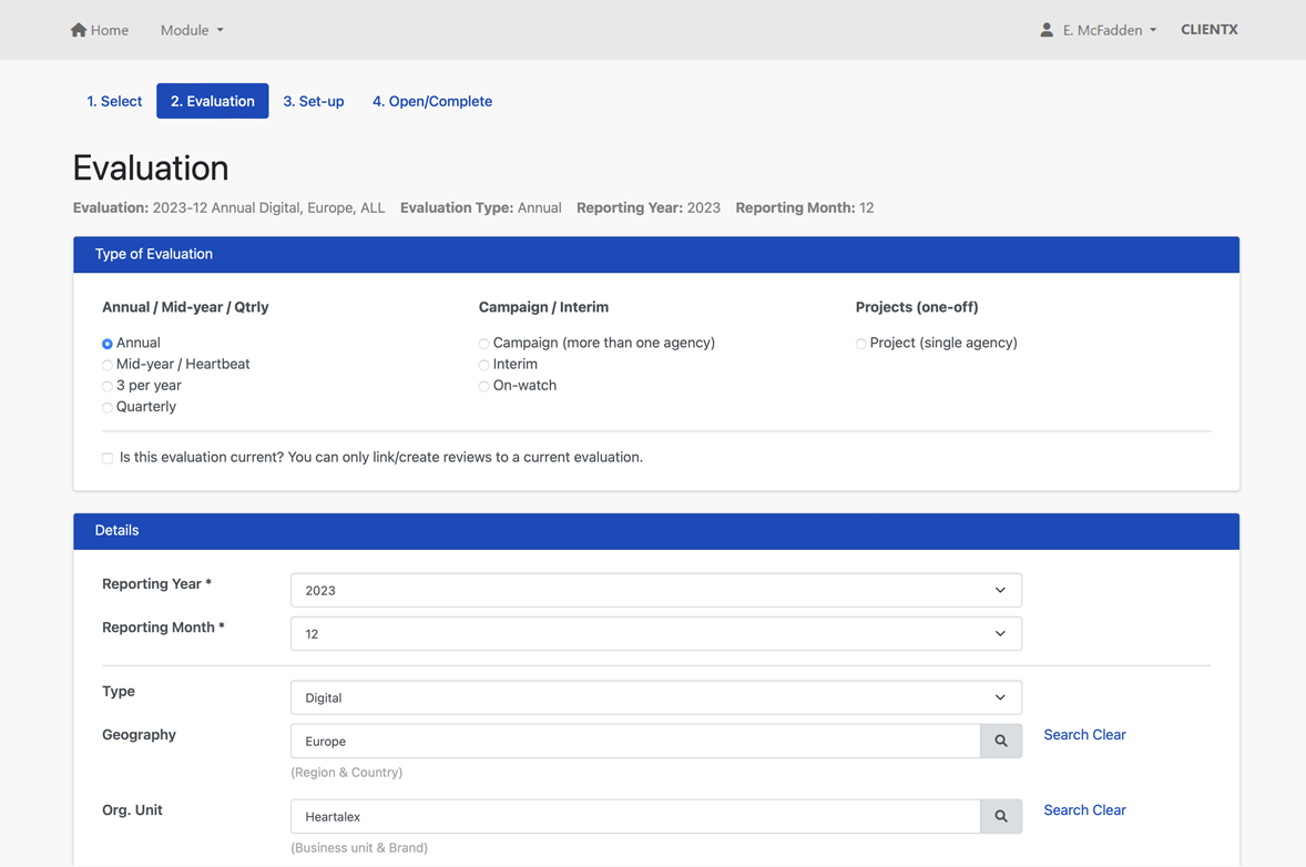 Screen shot of Evaluation Manager module